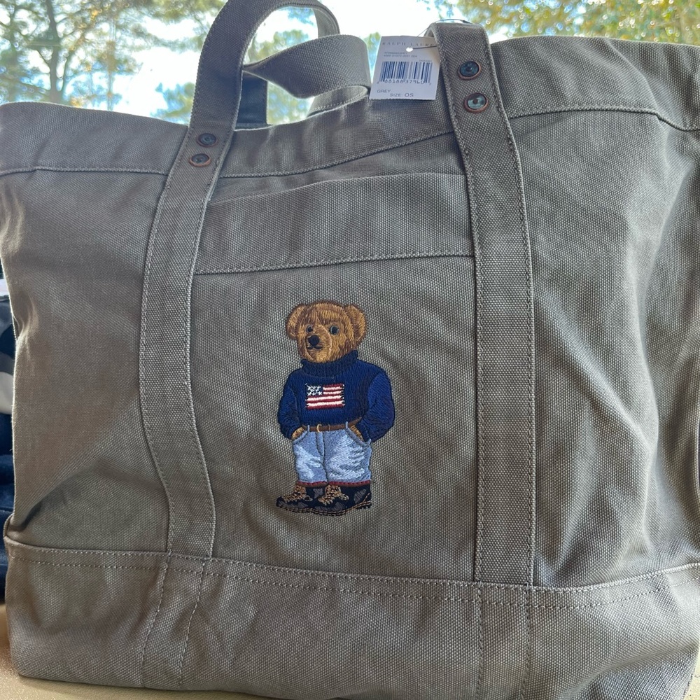 Ralph Lauren Polo grey canvas Tote with American Flag Teddy Bear. Brand new!